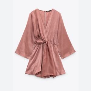 NWOT Zara Boho Chic Satin Peach Champagne Playsuit Cocktail Romper Size S